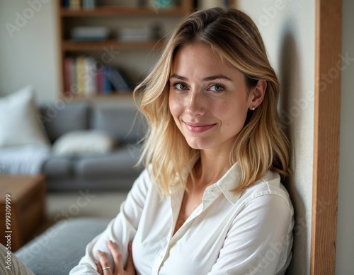 Portrait of smiling woman in white collar shirt