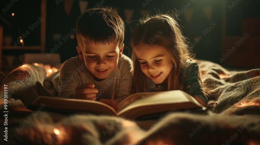 Children brother and sister reading book in bed after bedtime, preschool children in pajamas reading fairy tales at night Children brother and sister reading book in bed after bedtime, preschool children in pajamas reading fairy tales at night
