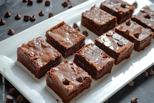 Sliced homemade brownies on white plate. Served on rectangle white plate. Favorite chocolate dessert for chocolate lover. Sweet and moist of cocoa taste. Top view