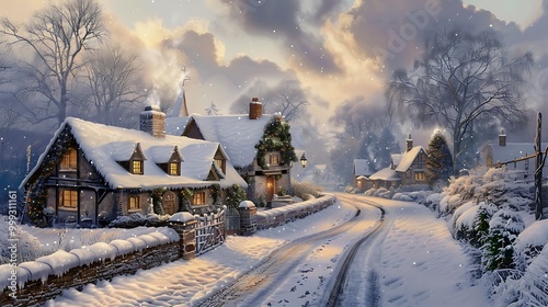 Snowy Winter Village Scene at Dusk