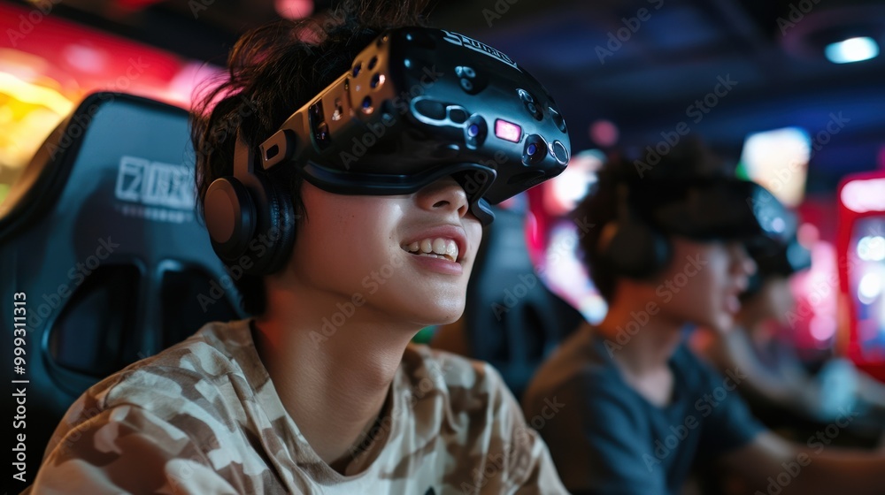 日本の若いゲーマーがネオンに照らされたバーチャルリアリティ体験に浸る 日本の若いゲーマーがネオンに照らされたバーチャルリアリティ体験に浸る
