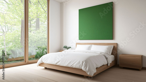 serene bedroom featuring wooden bed and large windows with greenery