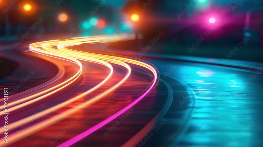 Neon light streaks illuminate the night cityscape in abstract motion, creating a dynamic and vibrant glow. Neon light streaks illuminate the night cityscape in abstract motion, creating a dynamic and vibrant glow.