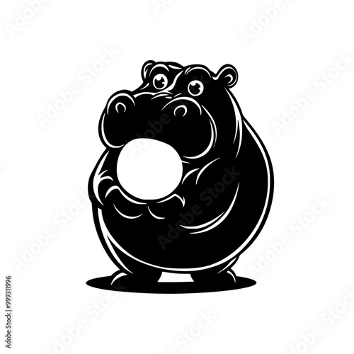 Cartoon hippos blowing bubble gum illustration, A playful cartoon hippo blowing bubble gum, in a black and white illustration style, adding a fun and whimsical touch.

