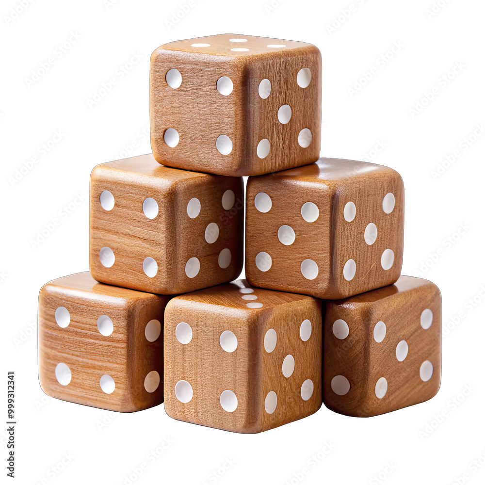 Six wooden cubes featuring white dots are stacked in a pyramid showcasing their natural finish and inviting use in games or decorative displays Six wooden cubes featuring white dots are stacked in a pyramid showcasing their natural finish and inviting use in games or decorative displays