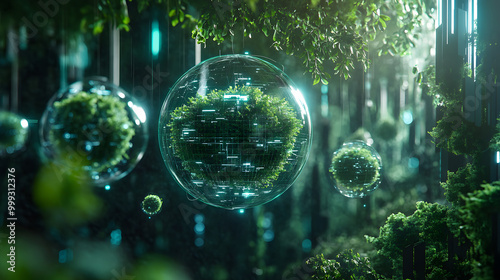 Futuristic eco-technology concept, digital forest globe with floating plant ecosystems, sustainability, nature conservation, green technology, futuristic environment, nature preservation

 photo