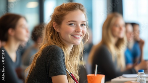 A group of participants taking notes while smiling and engaging in a discussion, the room filled with bright light and a collaborative spirit.
