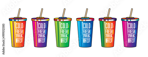 Fast food plastic cup with straw. Hot or cold drink. Original vector illustration in vintage style.