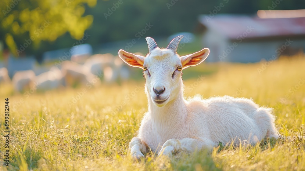 Modern animal livestock. Cute goat relaxing in yard on farm in summer day. Domestic goats grazing in pasture and chewing, countryside background. Goat in natural eco farm growing to give milk, cheese Modern animal livestock. Cute goat relaxing in yard on farm in summer day. Domestic goats grazing in pasture and chewing, countryside background. Goat in natural eco farm growing to give milk, cheese
