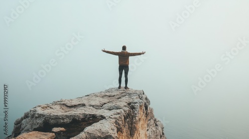 Silhouette of person standing on cliff overlooking misty landscape