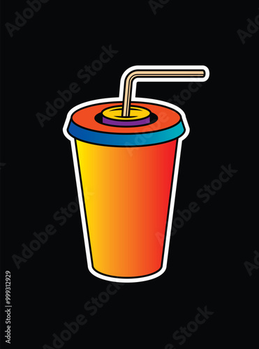 Fast food plastic cup with straw. Hot or cold drink. Original vector illustration in vintage style.