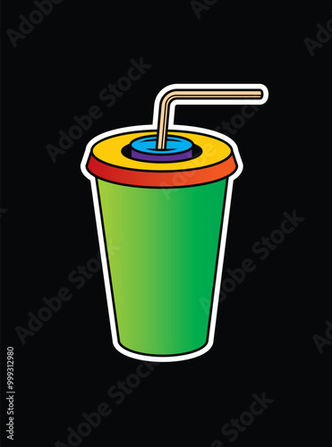 Fast food plastic cup with straw. Hot or cold drink. Original vector illustration in vintage style.