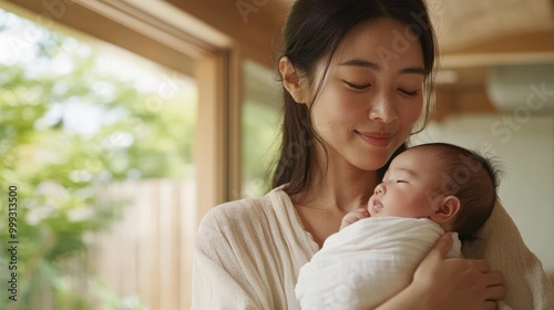 赤ちゃんを抱く優しい日本の母親 - 春の静けさ