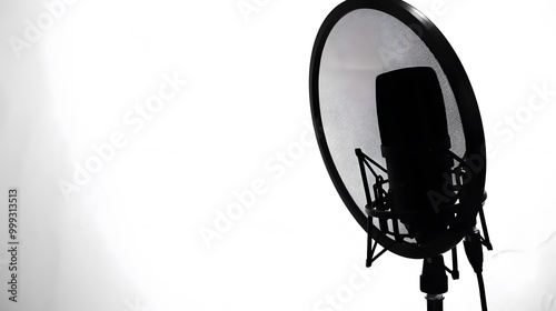 A microphone stand with a pop filter, isolated on a white background, in a minimalist style, PNG format. 