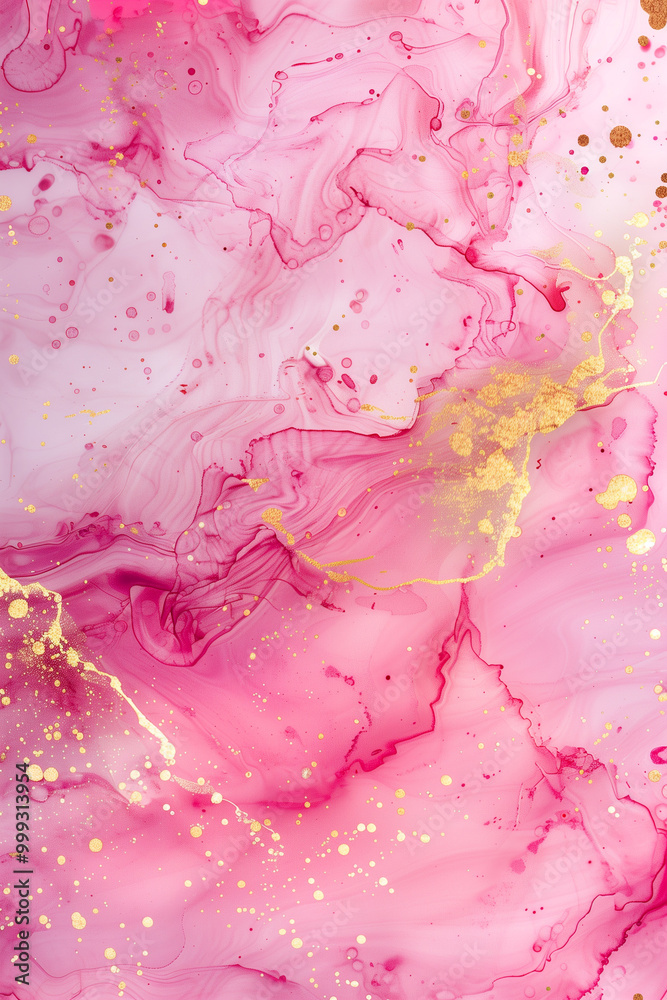 Rose pink liquid watercolor background with golden dots and blush marble effect Rose pink liquid watercolor background with golden dots and blush marble effect