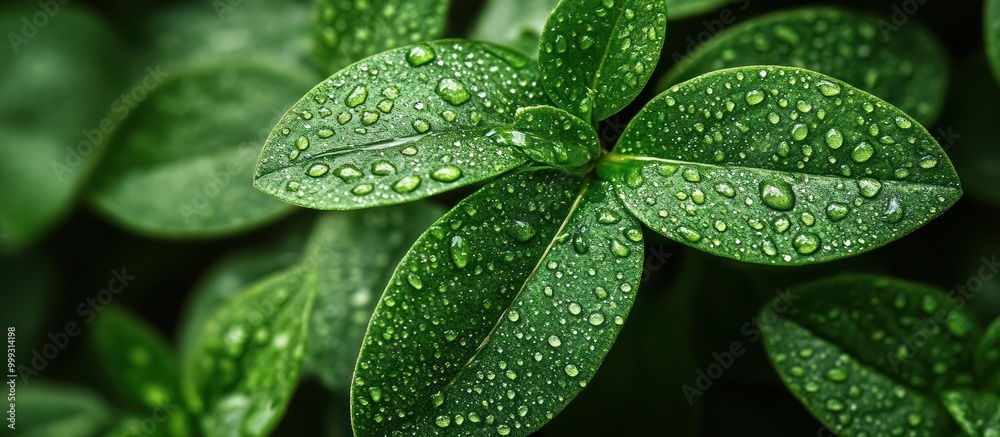 Close-up of green leaves covered in water droplets. Close-up of green leaves covered in water droplets.