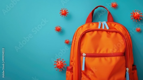 Virus Particles Floating Near Child s Backpack Germs and Hygiene Concept for School Safety and Prevention of Illness Transmission photo