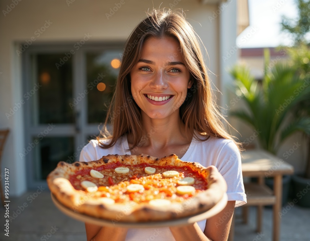 A pretty happy young girl holding a pizza A pretty happy young girl holding a pizza