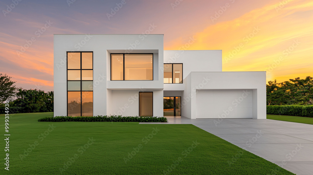 Modern white two story house with large glass windows and beautiful sunset Modern white two story house with large glass windows and beautiful sunset