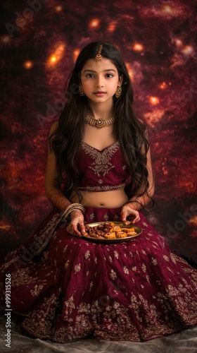 Full body shot of a young Indian girl in a rich maroon lehenga, sitting with a small tray of sweets, with a maroon to burgundy gradient glowing backdrop, Indian traditional Diwali festival, Diwali 