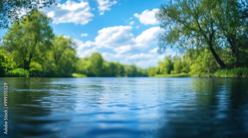 Beautiful and blurred spring nature background image with surrounded by trees against a blue sky with clouds on a sunny day. beautiful blue river
