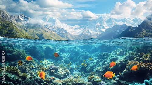 beautiful mountains and clouds from the sea.The bottom image of the underwater world with fish and coral reefs