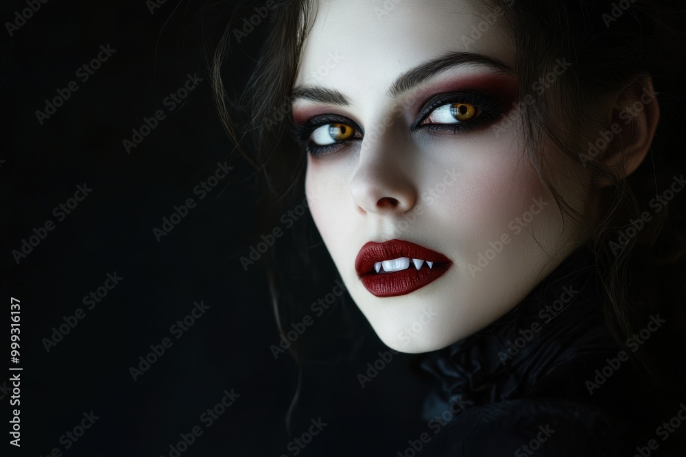 Portrait of a Caucasian woman with dark, smoky eye makeup and blood-red lips, dressed as a vampire with fanged teeth, copy space in the middle, in a black background, Halloween theme, gothic beauty Portrait of a Caucasian woman with dark, smoky eye makeup and blood-red lips, dressed as a vampire with fanged teeth, copy space in the middle, in a black background, Halloween theme, gothic beauty
