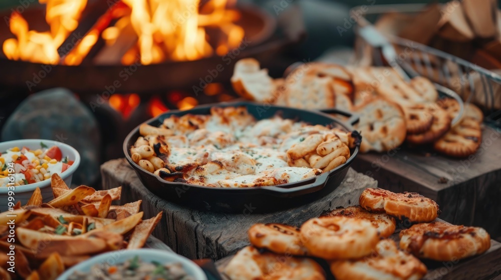 A cozy intimate gathering around a crackling campfire at nightfall with an array of delicious street food delicacies being prepared and enjoyed in the warm inviting atmosphere