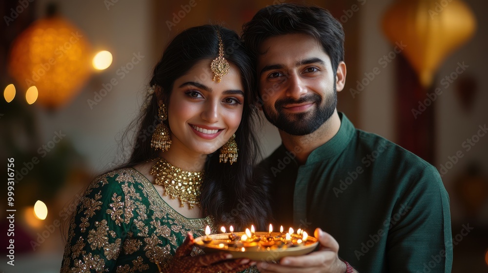 Portrait of a newly married young Indian woman in an emerald green bridal lehenga with intricate gold motifs and a young Indian man in a dark green kurta, both together holding a single big thali Portrait of a newly married young Indian woman in an emerald green bridal lehenga with intricate gold motifs and a young Indian man in a dark green kurta, both together holding a single big thali