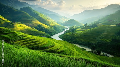 Beautiful view of terraced rice fields in Lembah village, in summer photo