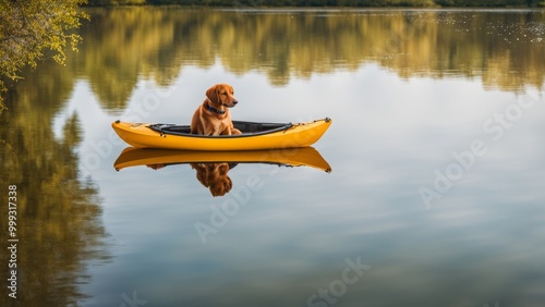 Dog traveler, kayak on the river