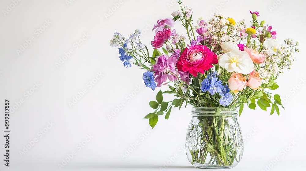 Bouquet of various natural flowers in a glass jar on a white background. Greeting cards for birthdays, mother's day, women's day or other events Bouquet of various natural flowers in a glass jar on a white background. Greeting cards for birthdays, mother's day, women's day or other events