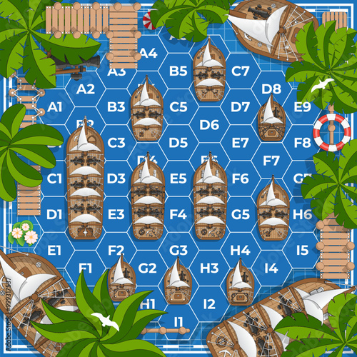 Sea battle. Sailing warships. Board game. Hexagons. Vector illustration.