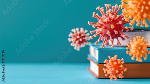 Detailed close up view of germs and viruses on the surface of a child s book photo