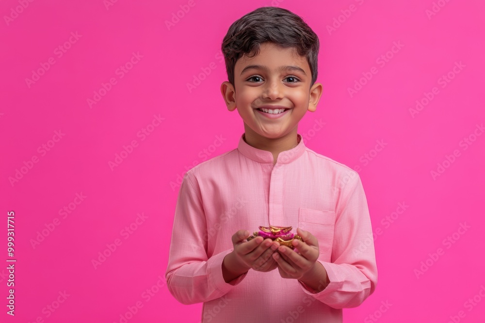 Portrait of a young Indian boy in a soft pink kurta, looking excited while holding a small Diwali gift, with a pink to fuchsia gradient glowing backdrop, Indian traditional Diwali festival, Diwali Portrait of a young Indian boy in a soft pink kurta, looking excited while holding a small Diwali gift, with a pink to fuchsia gradient glowing backdrop, Indian traditional Diwali festival, Diwali