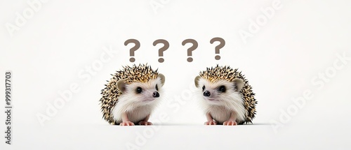 Confused Tiny Hedgehog with Question Marks on Its Back Against a Blank White Background