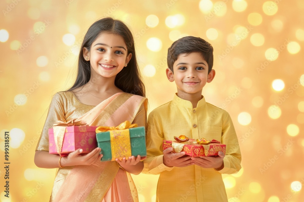 Portrait of a young Indian girl in a soft peach saree and a young Indian boy in a pastel yellow kurta, happily holding colorful Diwali gifts, with a peach to yellow gradient glowing bokeh backdrop Portrait of a young Indian girl in a soft peach saree and a young Indian boy in a pastel yellow kurta, happily holding colorful Diwali gifts, with a peach to yellow gradient glowing bokeh backdrop