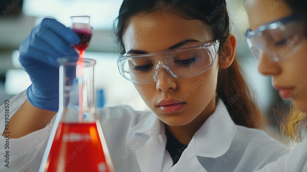 A Female Scientist Carefully Pouring Red Liquid into a Beaker A Female Scientist Carefully Pouring Red Liquid into a Beaker