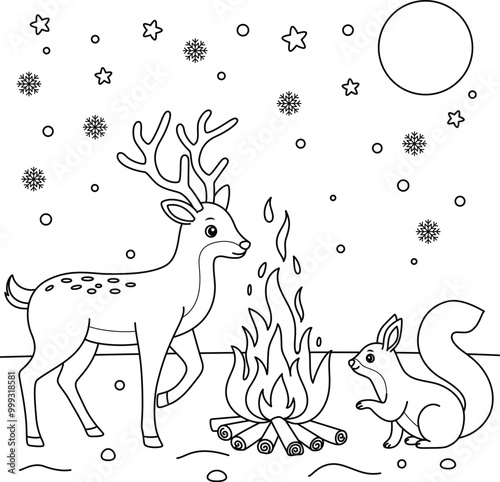 Squirrel and deer gathering around a bonfire in the snow outline coloring page. Christmas and Winter Illustration