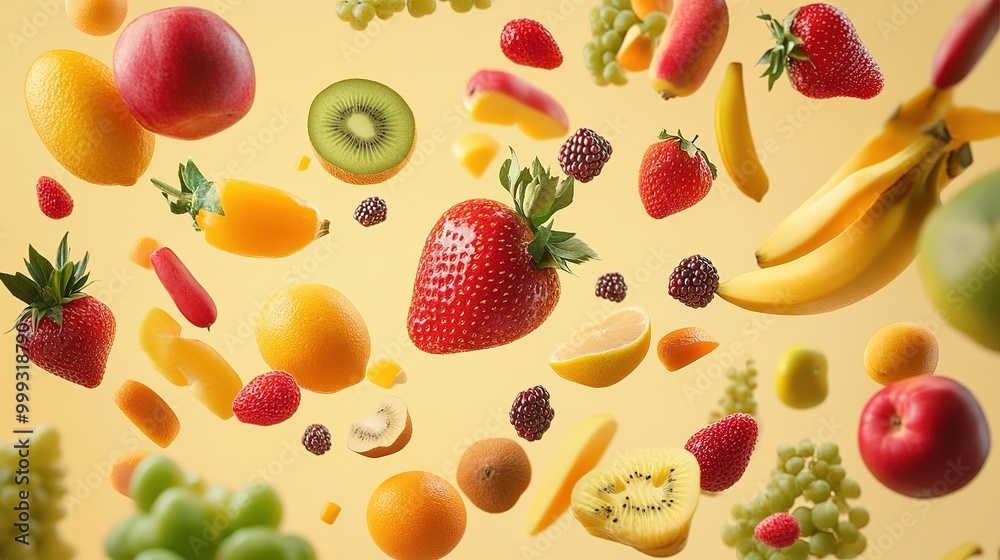 Different fresh fruits and vegetables in the air on a light yellow background Different fresh fruits and vegetables in the air on a light yellow background