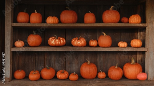 various orange pumpkins of different sizes on long wooden shelves photo