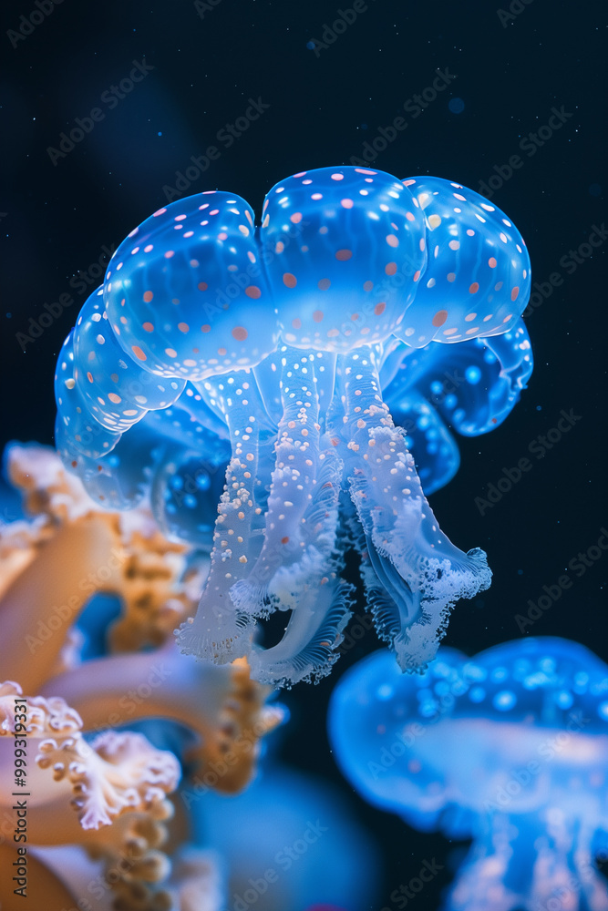 Obraz premium Stunning macro photography of blue button jellyfish (porpita porpita) in the ocean