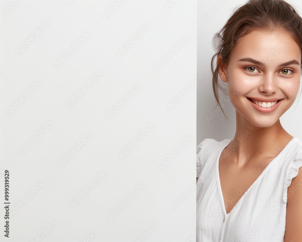 Smiling Young Woman Posing Next to Blank White Board - Perfect for Advertising, Marketing or Presentation Smiling Young Woman Posing Next to Blank White Board - Perfect for Advertising, Marketing or Presentation