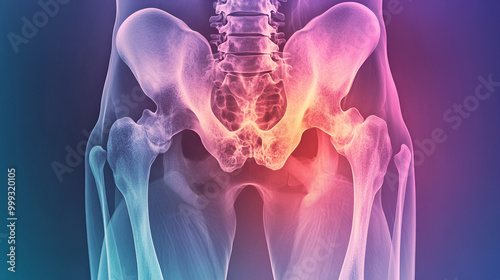 An x-ray image of a human pelvis, displaying the hip bones and femurs in high resolution, with a soft gradient background transitioning from dark to light purple, emphasizing the structure of the