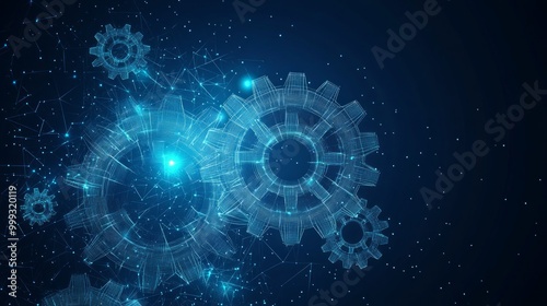 Gears. Computer service concept. Getting ready on the laptop. Vector low poly wireframe in the form of a starry sky or space