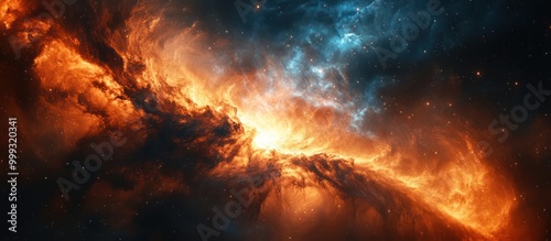 A nebula with bright orange and blue clouds, creating an otherworldly and ethereal scene.