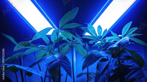 Hamedoreya leaves and stems under blue and white fluorescent lights  photo