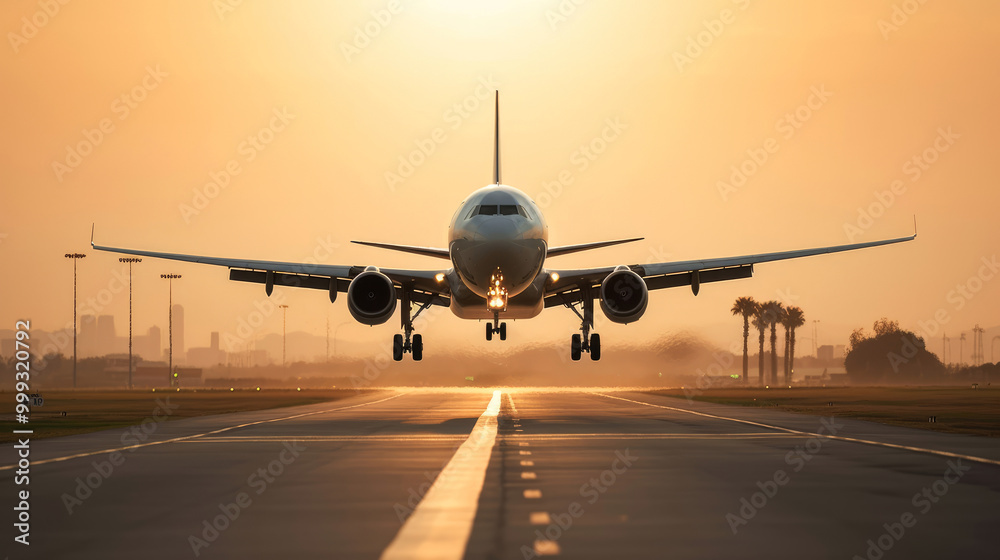 generated illustration of an airplane is taking off from an airport runway, sunrise. generated illustration of an airplane is taking off from an airport runway, sunrise.