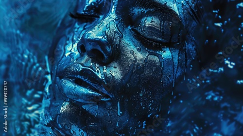 Ethereal Blue Painted Portrait of a Woman with Textured Skin