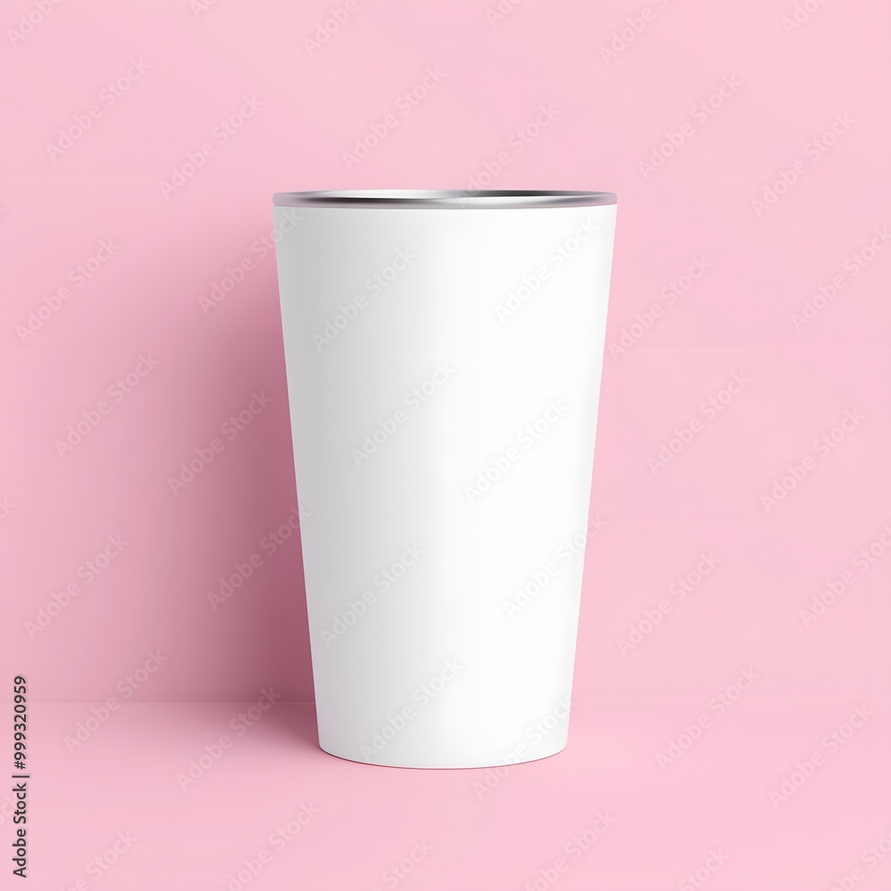 A sleek, white cup with a silver rim stands against a pastel pink background, showcasing a minimalist and modern design. A sleek, white cup with a silver rim stands against a pastel pink background, showcasing a minimalist and modern design.